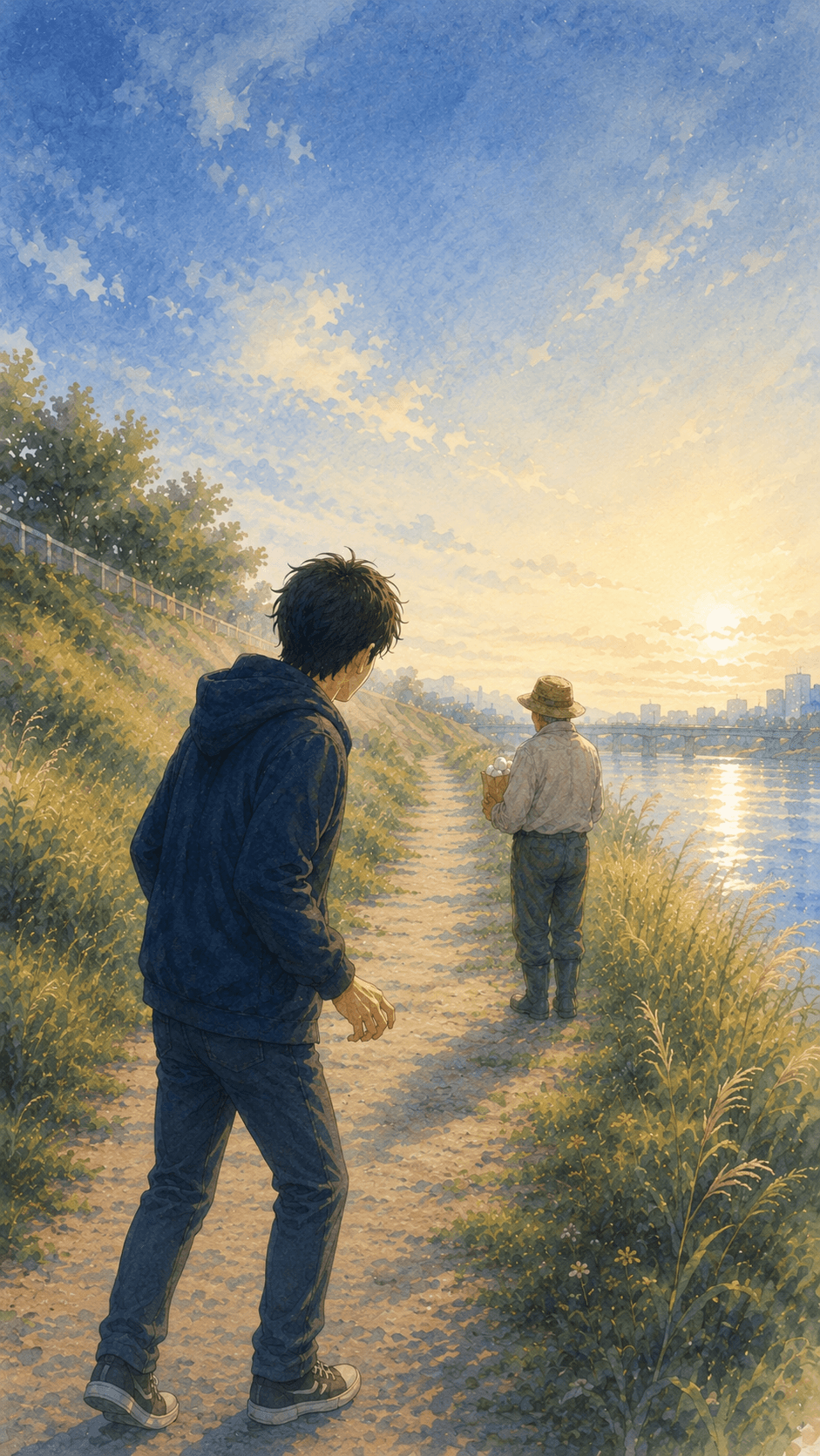 朝の土手で麦わら帽子の老人と再会する場面の挿絵