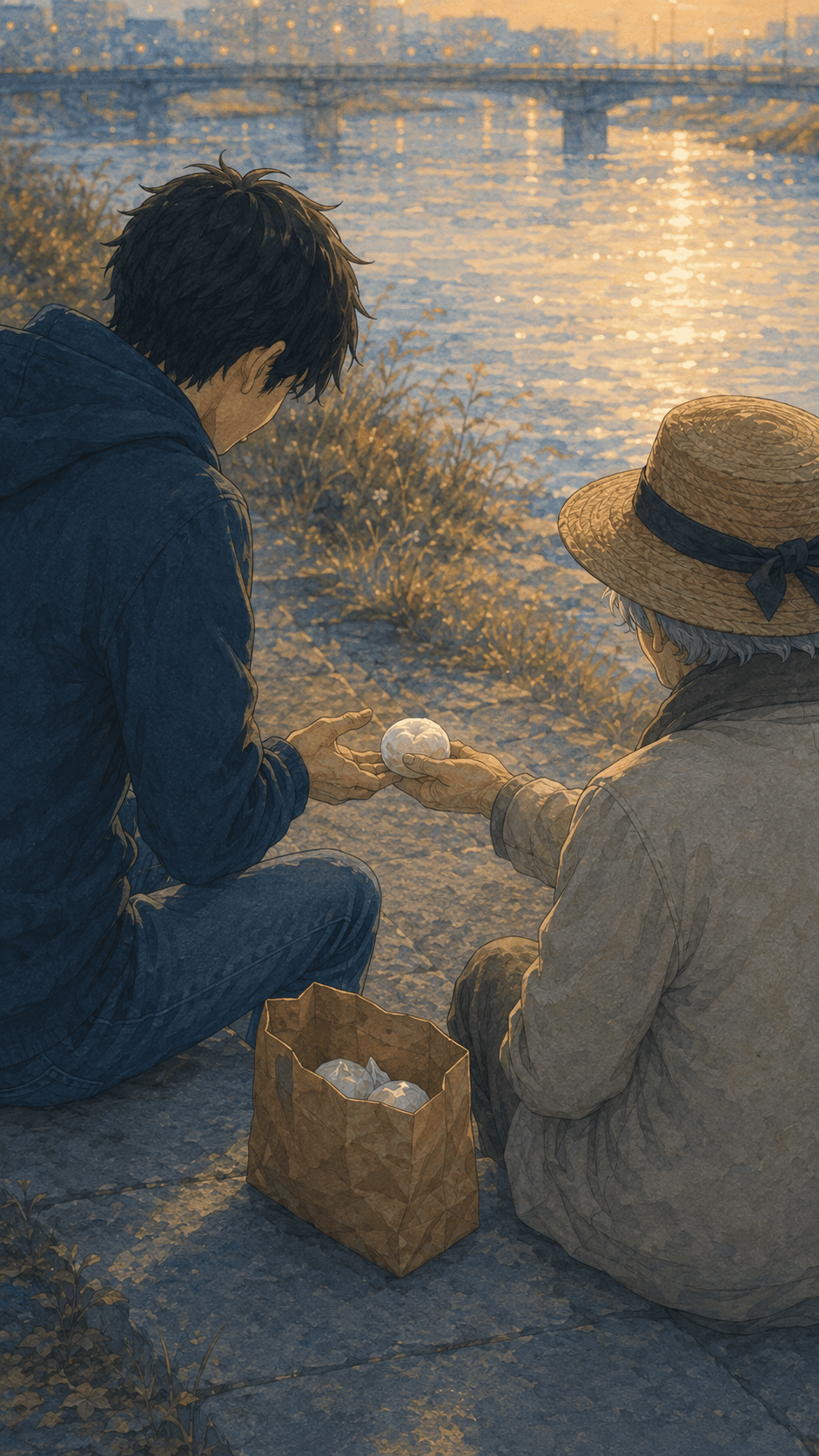白いまんじゅうを受け取る場面の挿絵