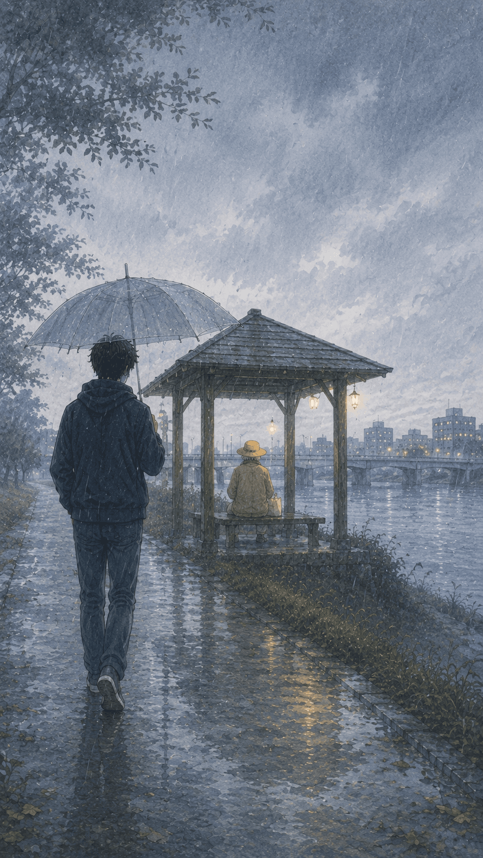 雨の東屋で待つ麦わら帽子の老人の挿絵